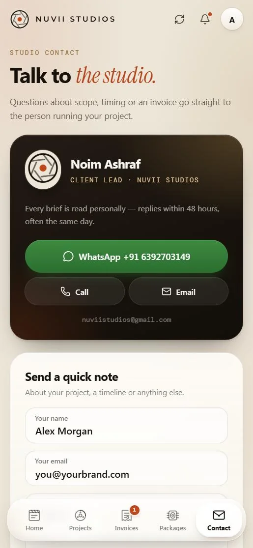 Contact: WhatsApp, call or email the studio
