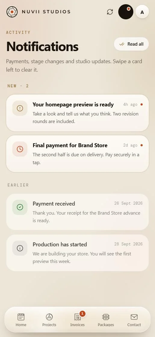 Notifications: a preview that is ready, a payment due and a payment received