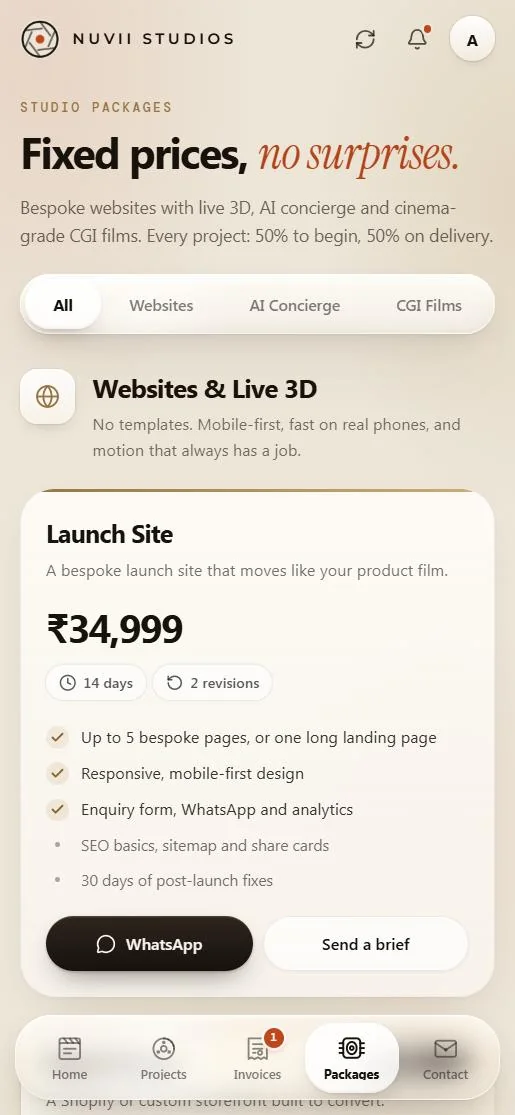 Packages: the studio's fixed-price websites, AI concierges and films